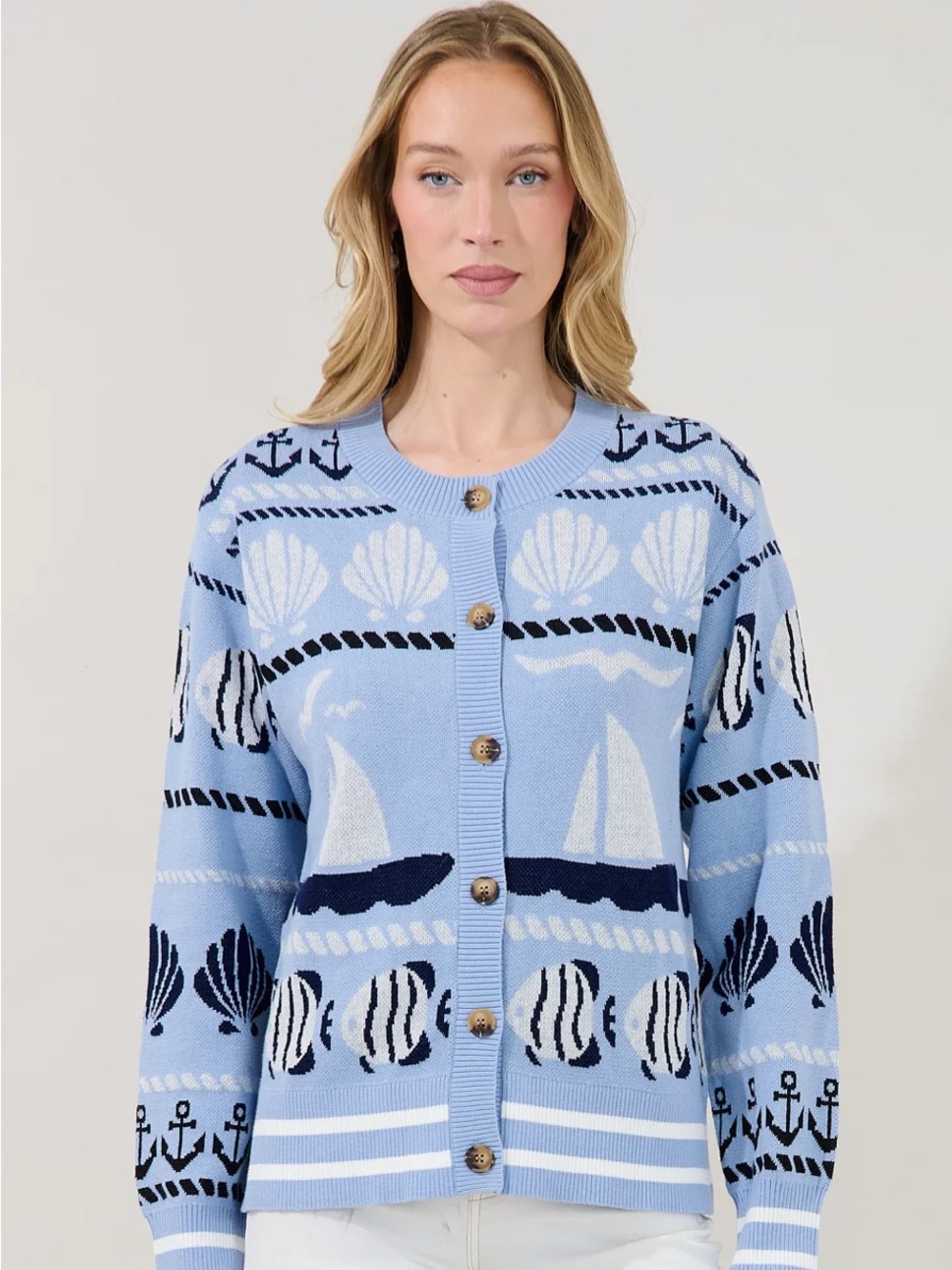 Cozy Coastal Grandma Knit Sugarlips Cardigan in Ocean Blue